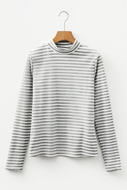 Gray Stripe Ribbed High Neck Slim Fit Long Sleeve Top