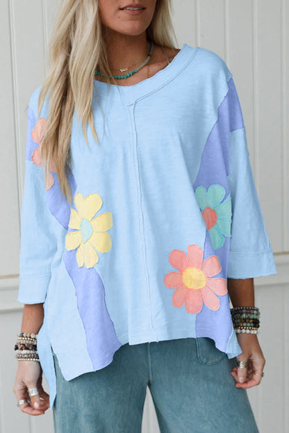 Light Blue Flower Patched Exposed Seam 3/4 Sleeve top
