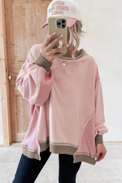 Wild Wind Colorblock Waffle Patchwork Oversize Sweatshirt