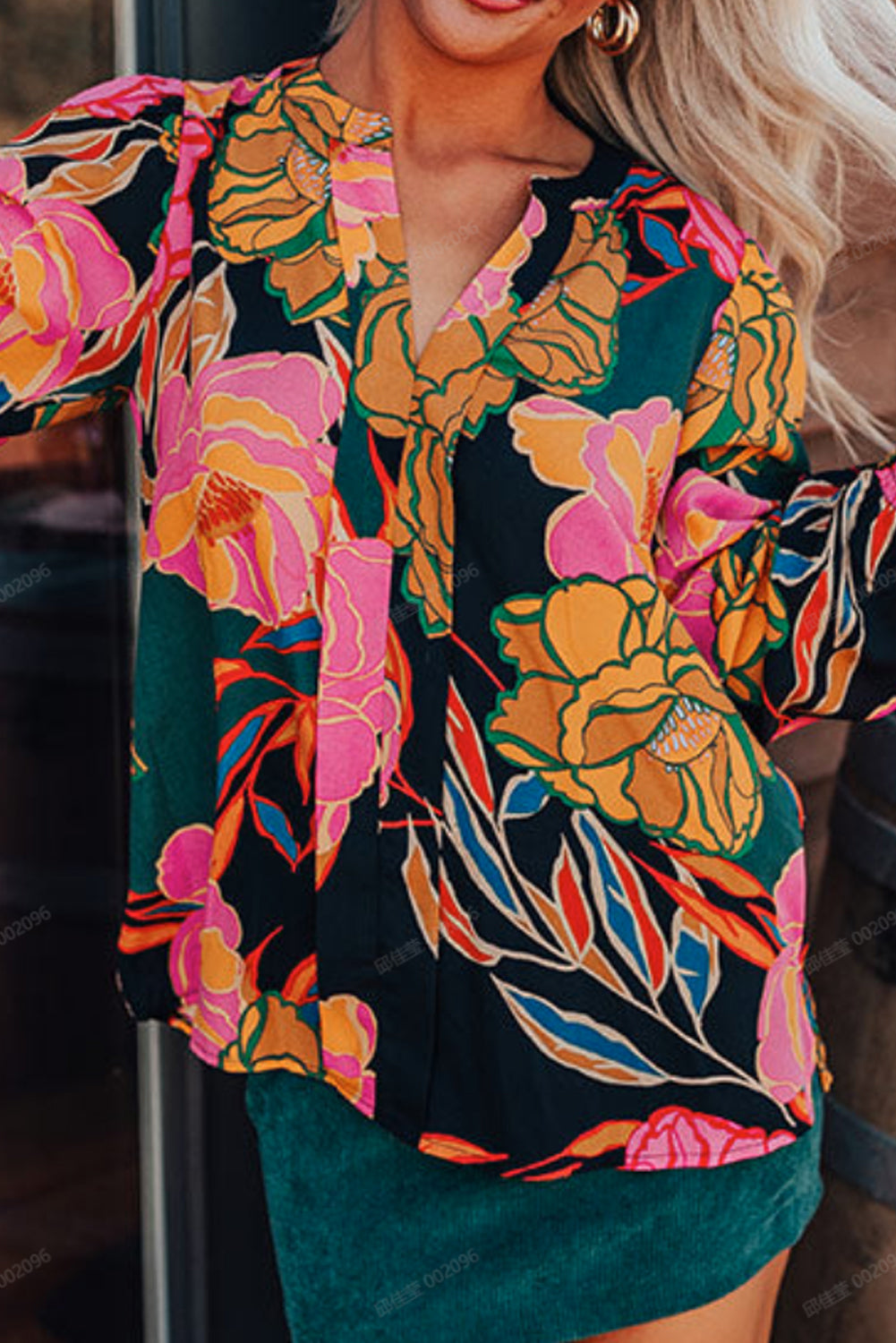 Black Floral Print Smocked Cuffs Puff Sleeve V Neck Blouse