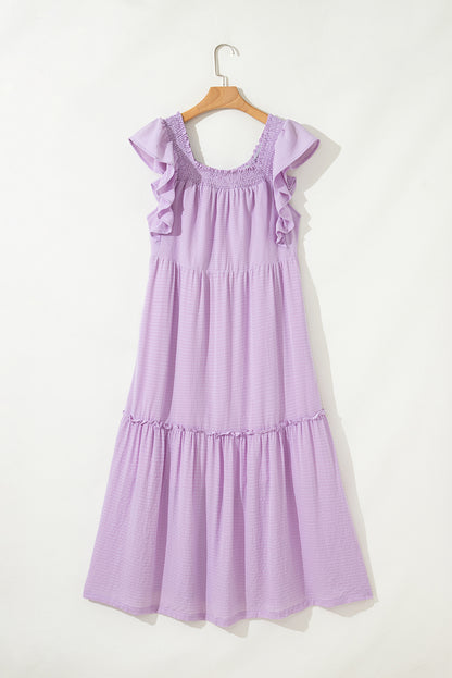 Purple Ruffled Flutter Sleeve Square Neck Textured Tiered Maxi Dress