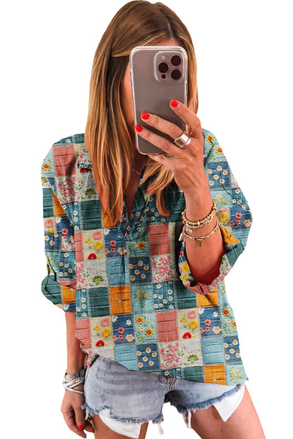 Sky Blue Floral Patchwork Collared V Neck Blouse