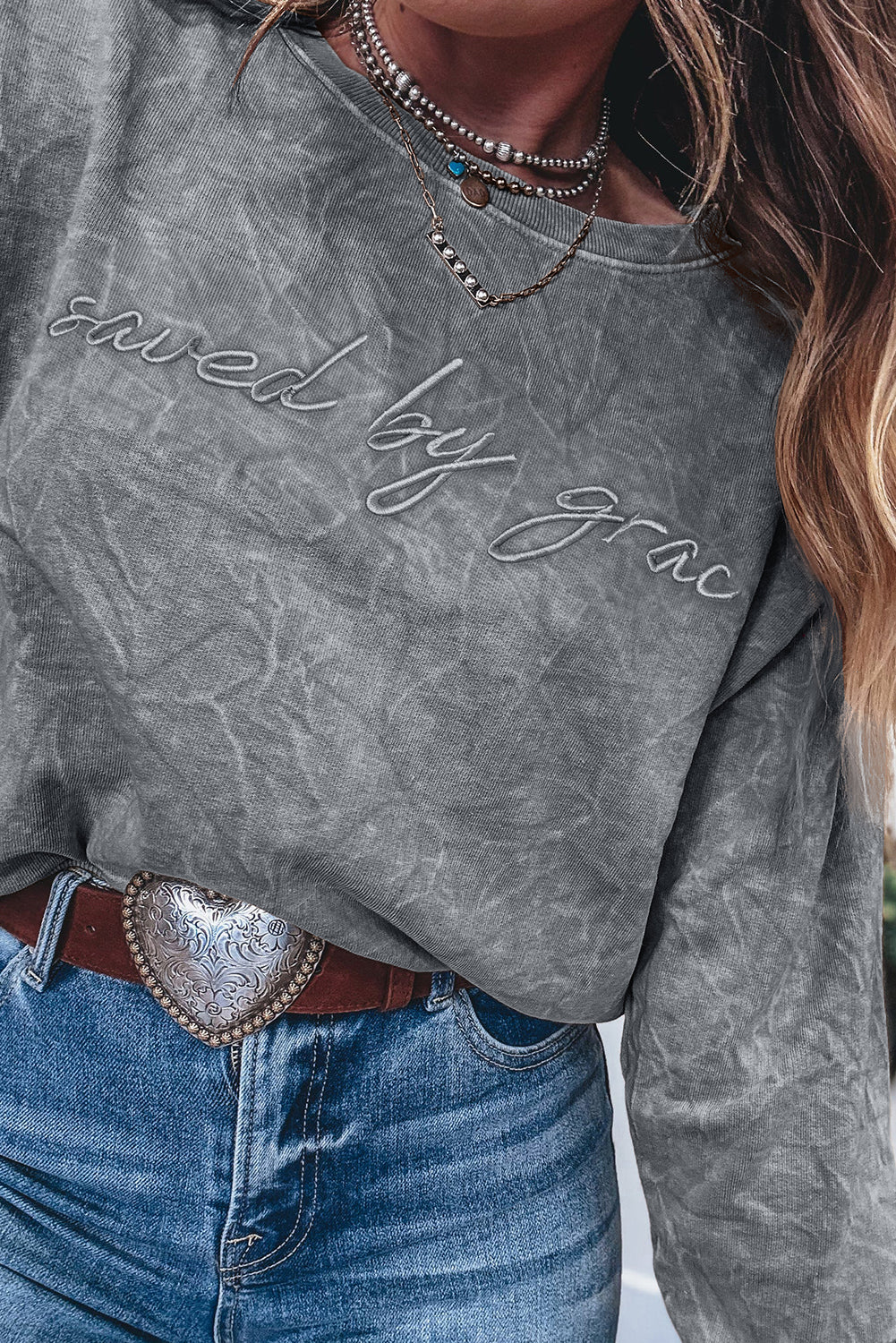 Real Teal saved by grace Letter Embroidery Mineral Wash Loose Sweatshirt