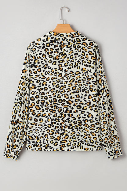 Khaki Leopard Print Long Sleeve Striped V Neck Top
