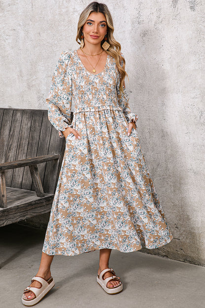 Khaki Floral Smocked Puff Sleeve Maxi Dress