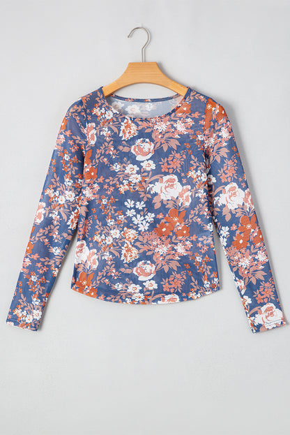 Orchid Petal Allover Floral Print Mesh Long Sleeve Top