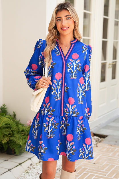 Sky Blue Floral Print Pop of Color V Neck Mini Dress
