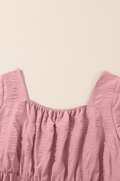 Pink Lace-up Ruched Front Long Sleeve Ruffle Hem Plus Size Midi Dress