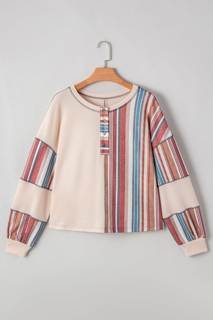 Beige Striped Waffle Patchwork Exposed Seam Raw Hem Knit Top