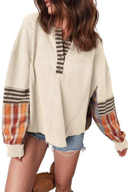 Beige Waffle Stripe Plaid Patchwork Henley Top