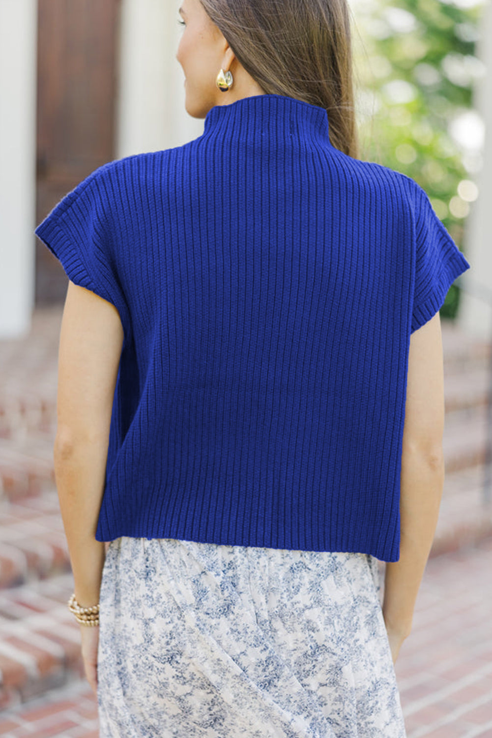 Green Patch Pocket Ribbed Knit Short Sleeve Sweater