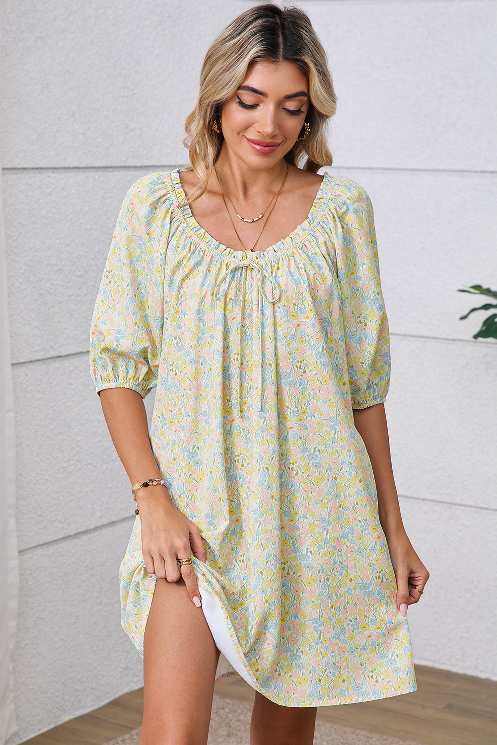 Green Floral Print Tie Neck Puff Sleeve Mini Dress