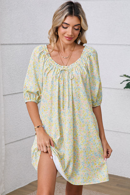 Green Floral Print Tie Neck Puff Sleeve Mini Dress