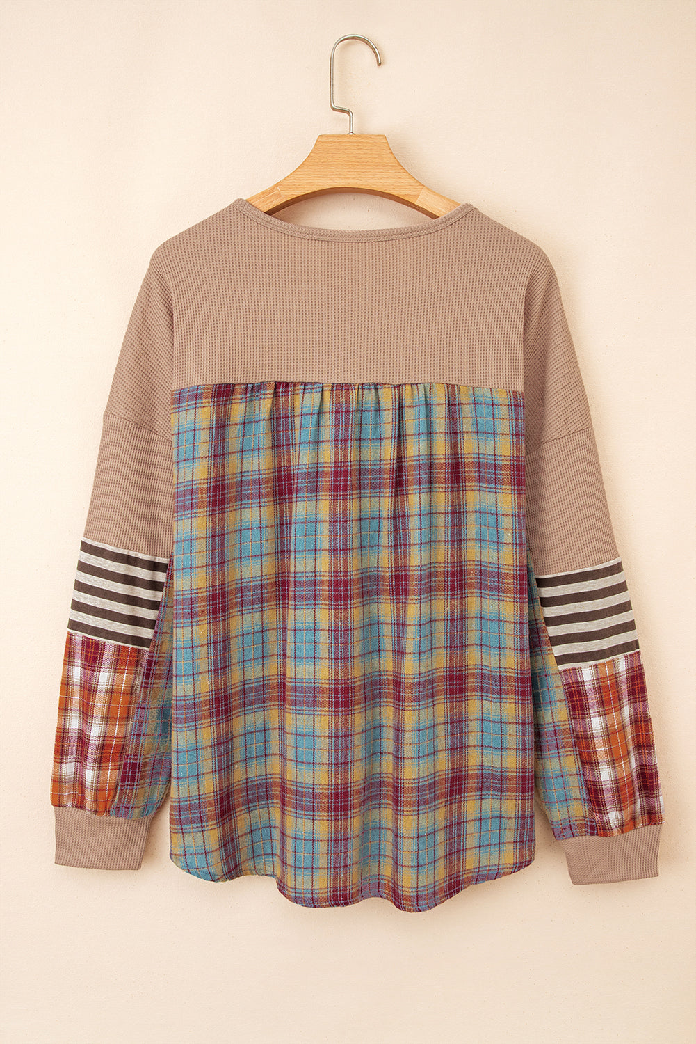 Beige Waffle Stripe Plaid Patchwork Henley Top
