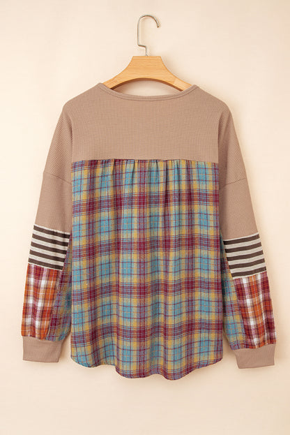 Beige Waffle Stripe Plaid Patchwork Henley Top
