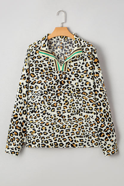 Khaki Leopard Print Long Sleeve Striped V Neck Top