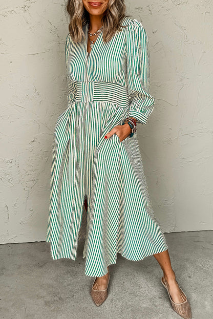 Black Striped V Neck Zip Front Cinched High Waist Midi Dress
