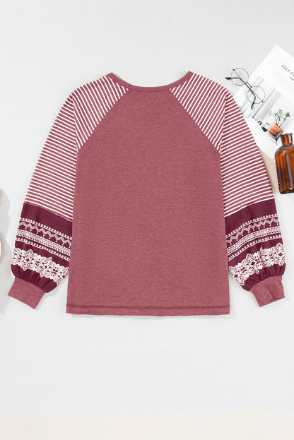 Brown Contrast Print Striped Raglan Long Sleeve Loose Top