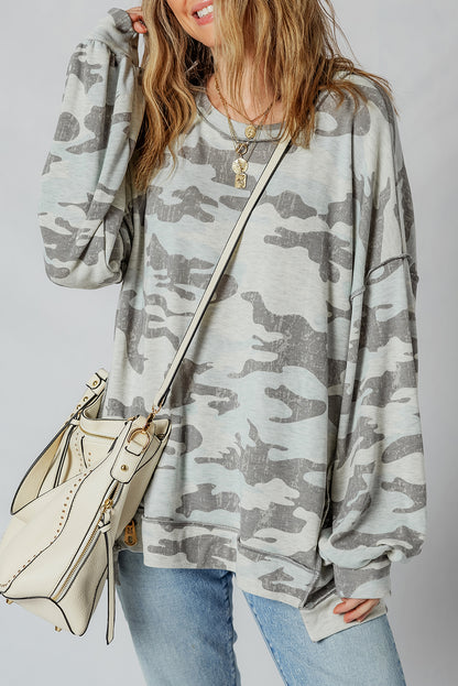 Green Camouflage Print Exposed Seam Drop Shoulder Sweatshirt