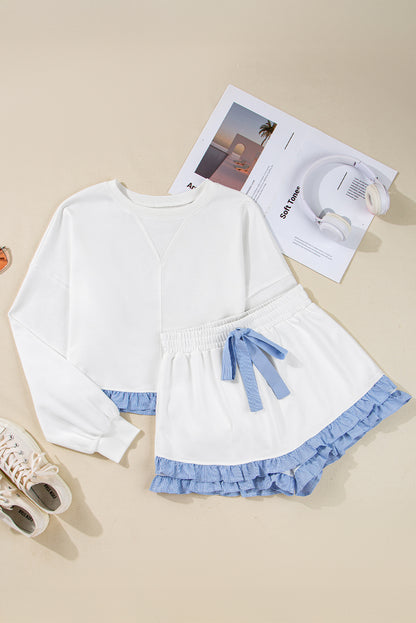 Yellow Cream Gingham Ruffle Hem Long Sleeve Pullover and Shorts Set