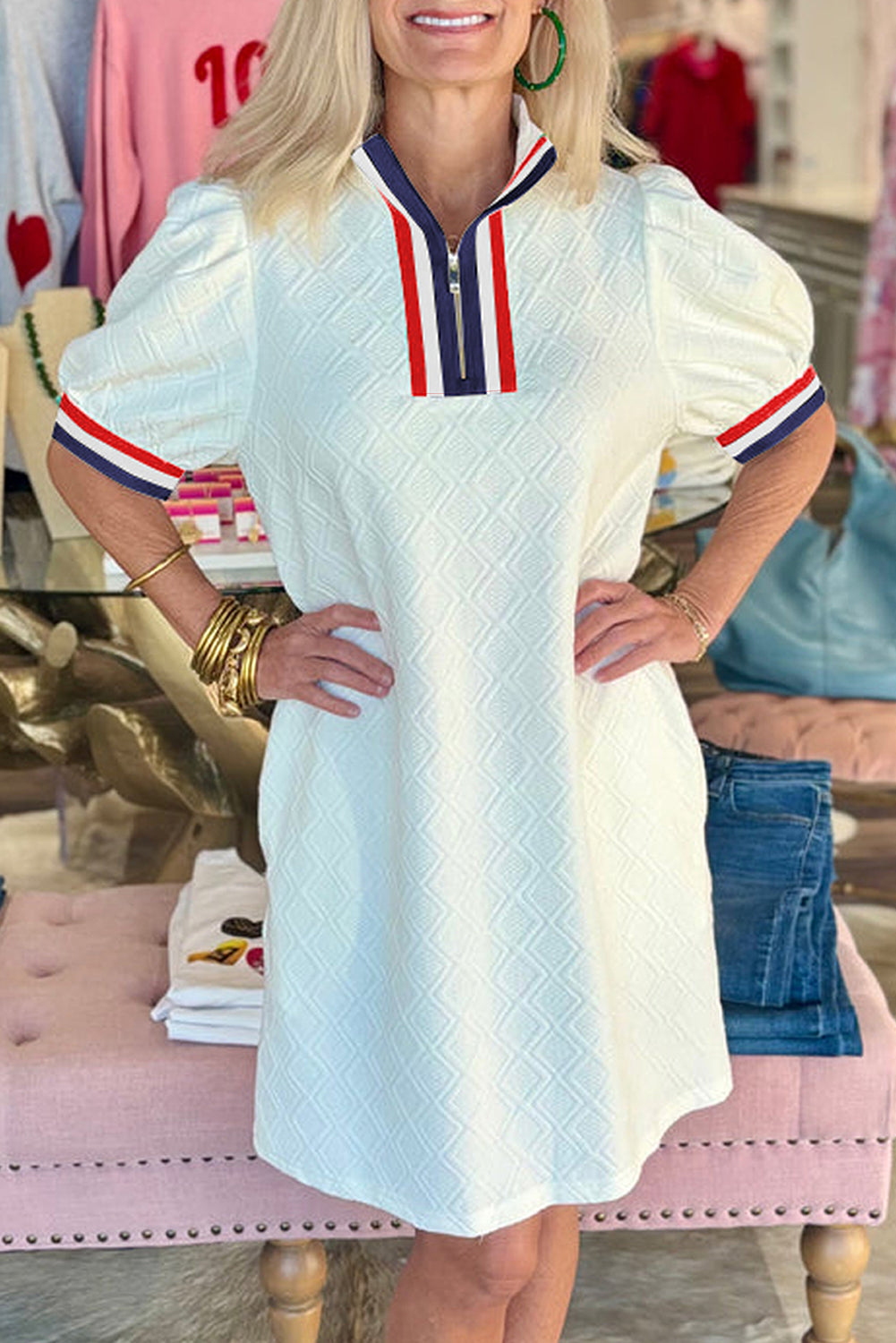 White Pop of Color Neckline Plaid Textured Puff Sleeve Mini Dress