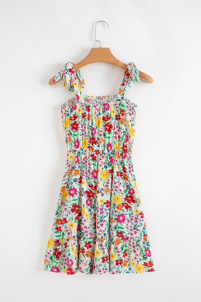 Red Floral Print Knotted Strap Cinched Waist Ruffle Hem Mini Dress