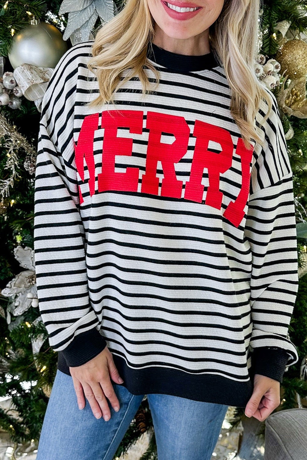 Black Stripe MERRY Letter Print Christmas Sweatshirt