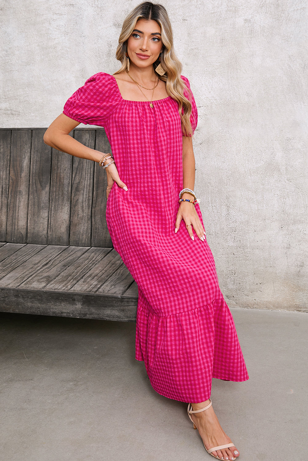 Rose Plaid Square Neck Puff Sleeve Maxi Dress