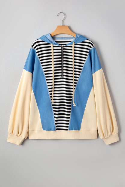 Black Stripe Denim Color Block Quarter Zip Baggy Drawstring Hoodie