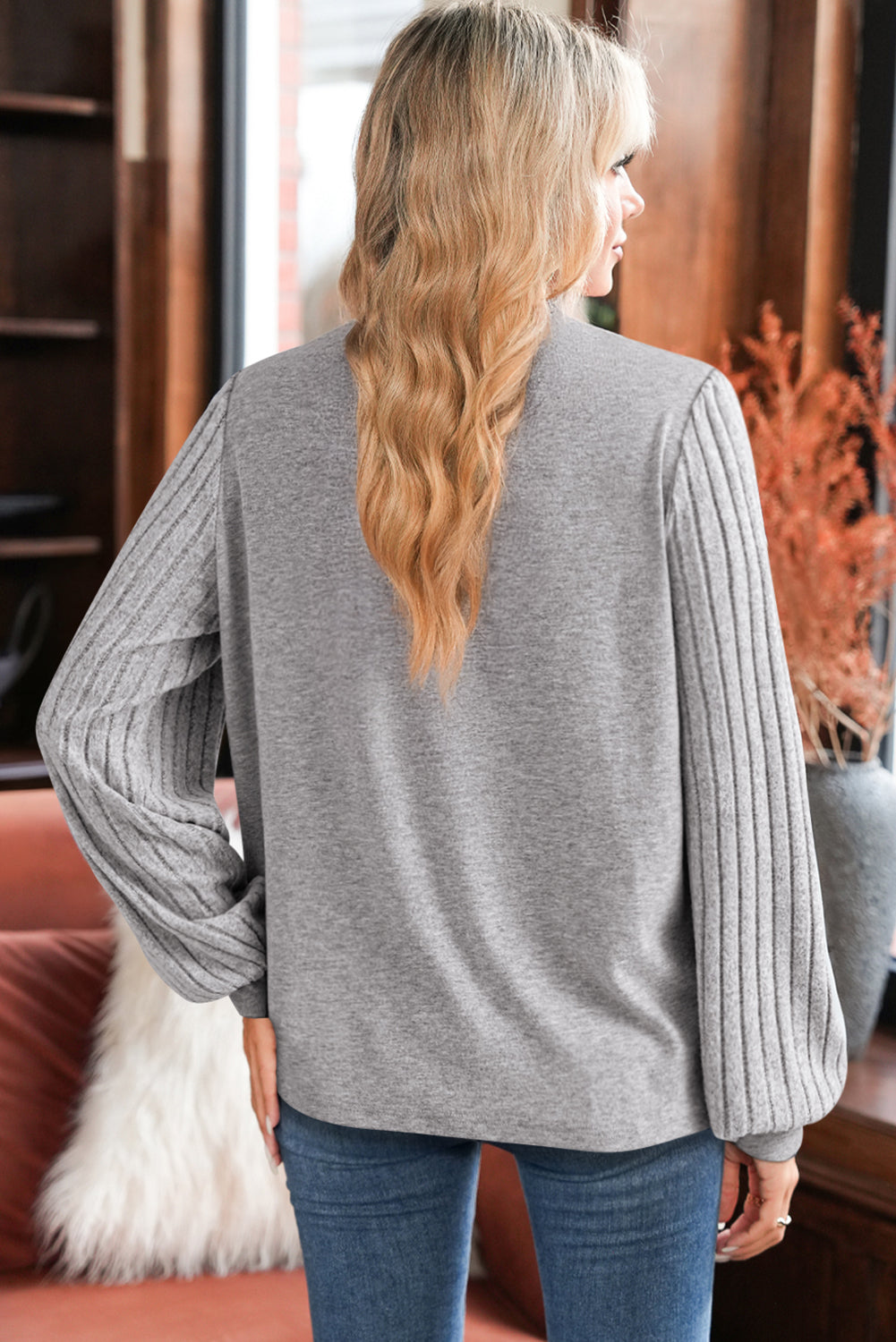 Gray Solid Lace Applique Round Neck Long Sleeve Top