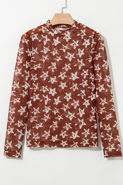 Red Star Print Mock Neck Slim Fit Top