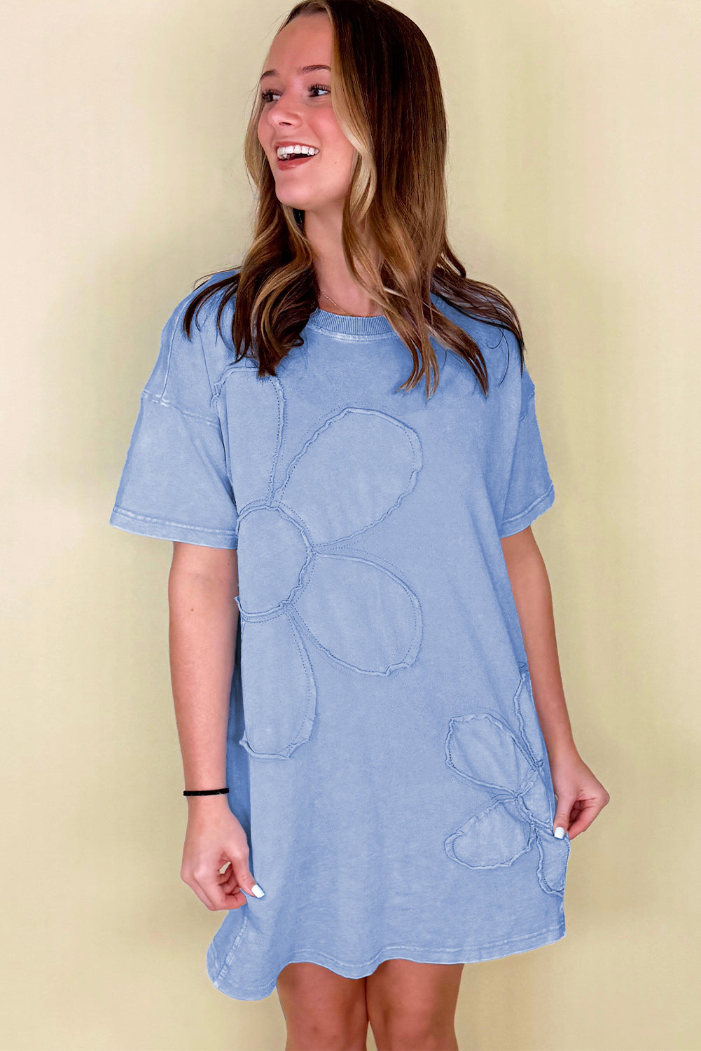 Sky Blue Mineral Wash Flower Patchwork Mini T Shirt Dress