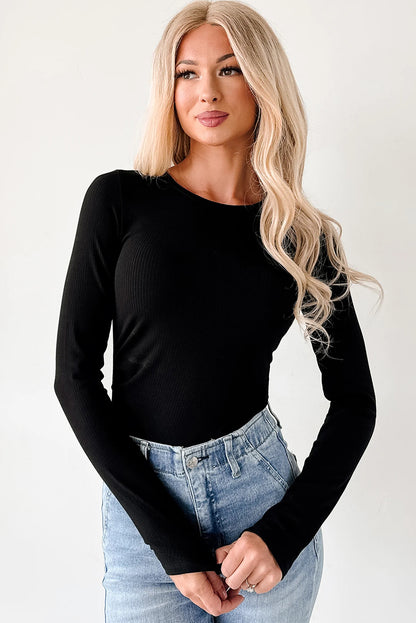 White Ribbed Long Sleeve Crew Neck Solid Color Bodysuit