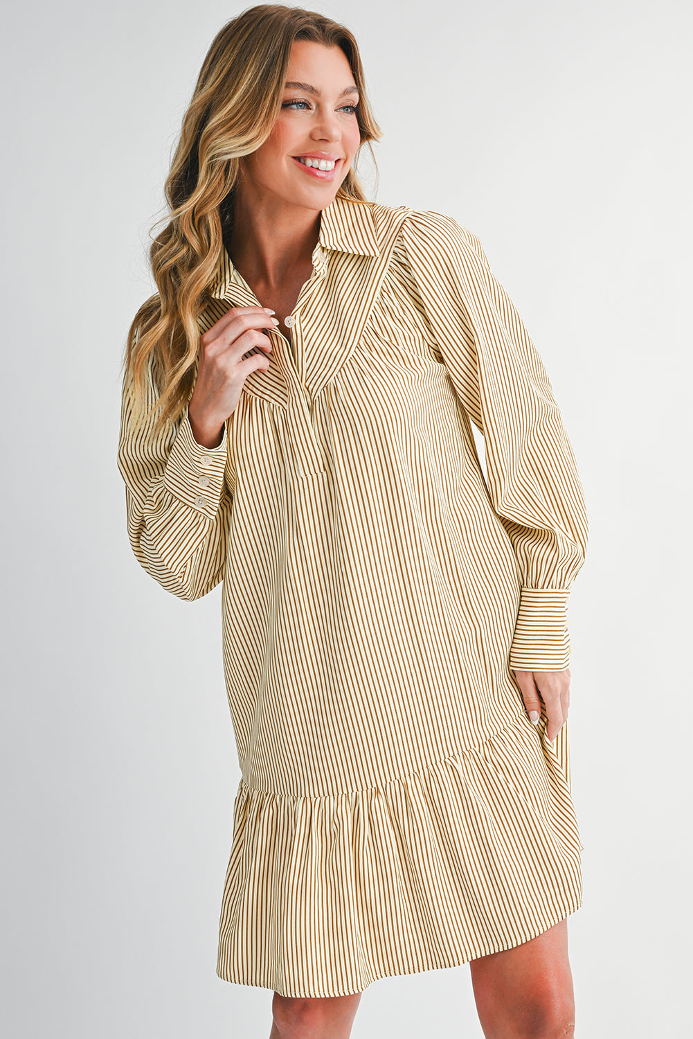 Brown Striped Shirt Collar Ruffle Hem Long Sleeve Dress