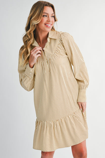 Brown Striped Shirt Collar Ruffle Hem Long Sleeve Dress