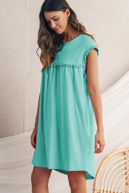 Mint Green Frilled Trim Crewneck Loose Fit Mini Dress