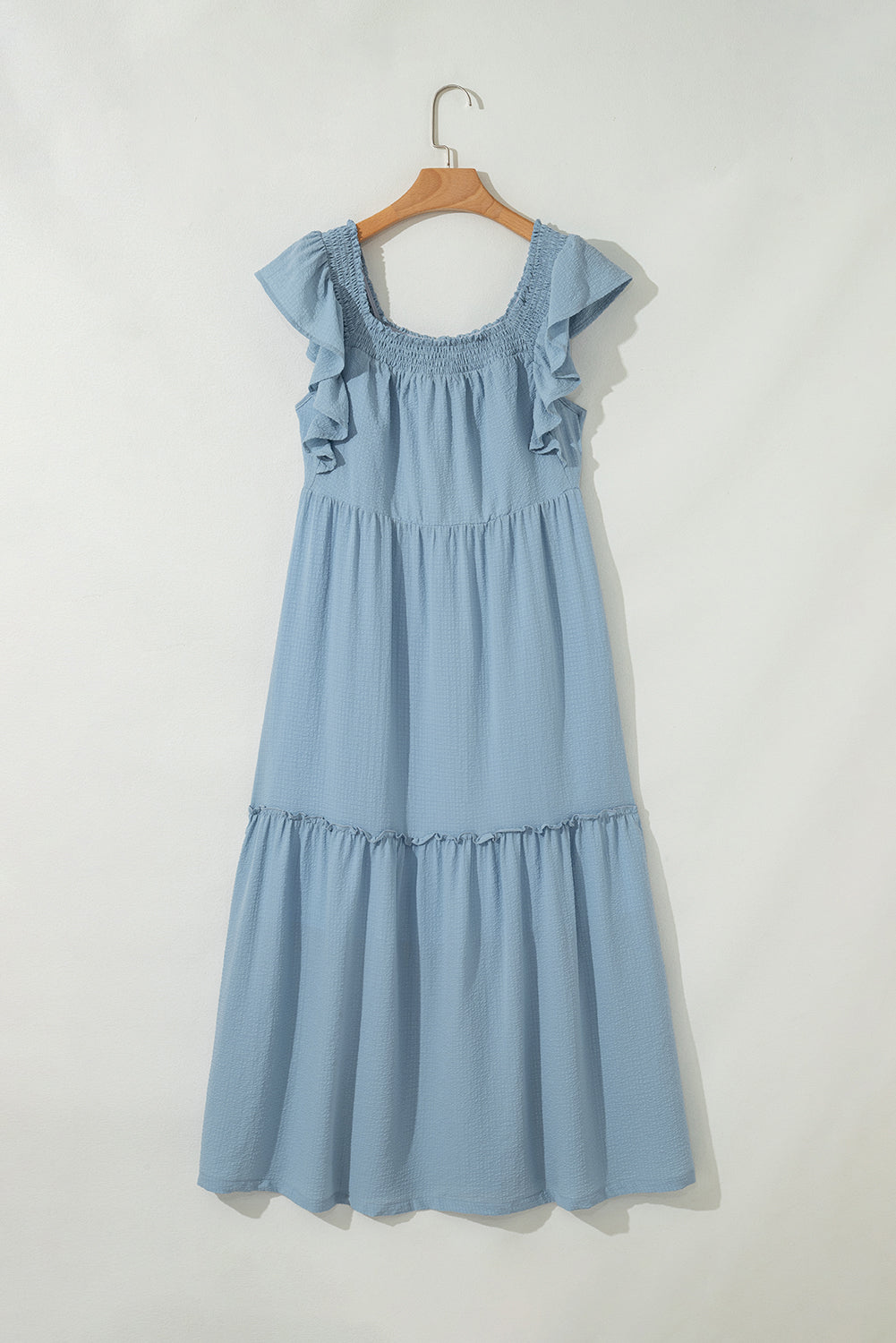 Purple Ruffled Flutter Sleeve Square Neck Textured Tiered Maxi Dress