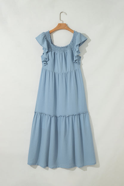 Purple Ruffled Flutter Sleeve Square Neck Textured Tiered Maxi Dress