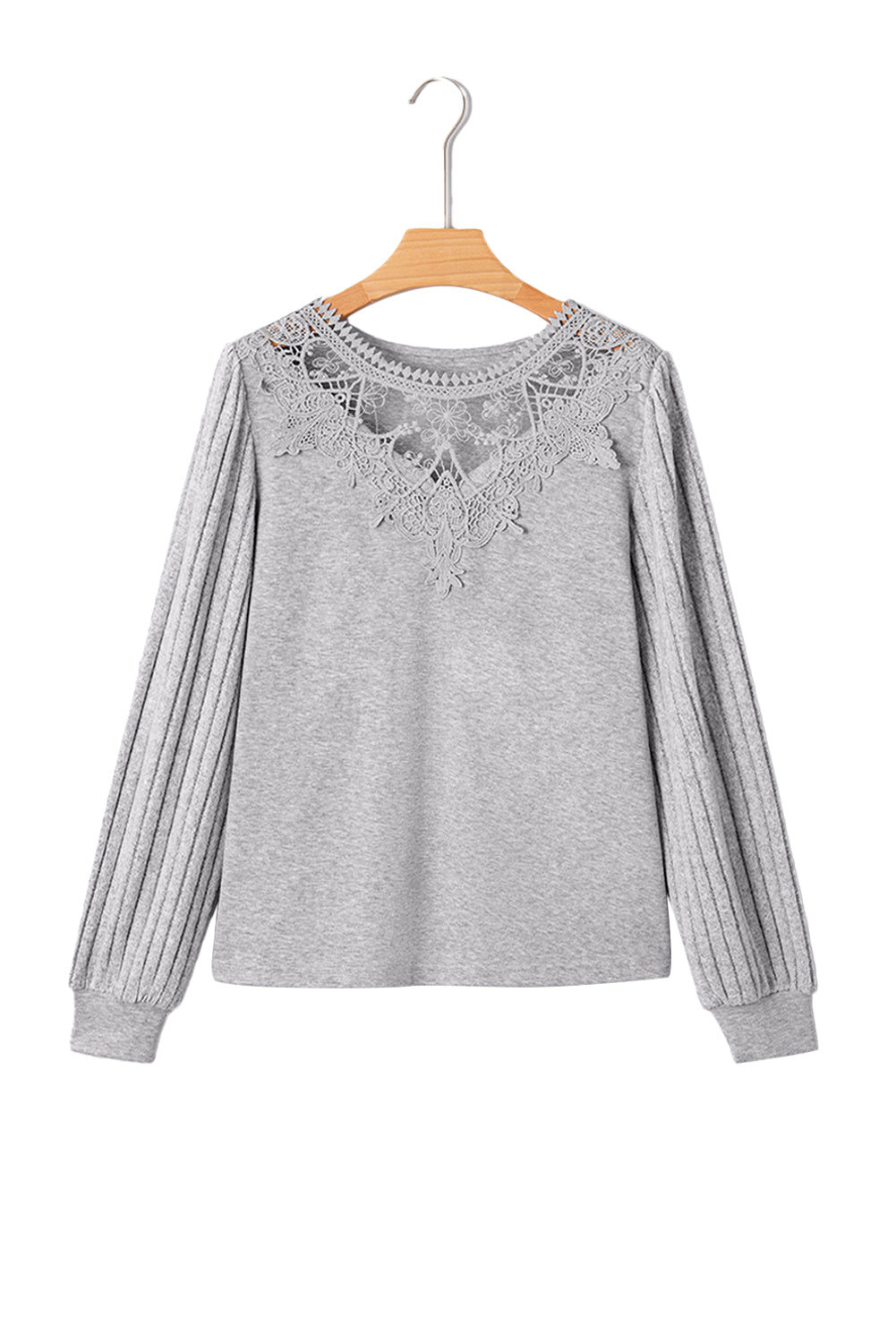 Gray Solid Lace Applique Round Neck Long Sleeve Top