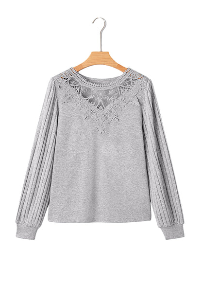 Gray Solid Lace Applique Round Neck Long Sleeve Top