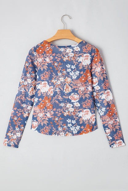 Orchid Petal Allover Floral Print Mesh Long Sleeve Top