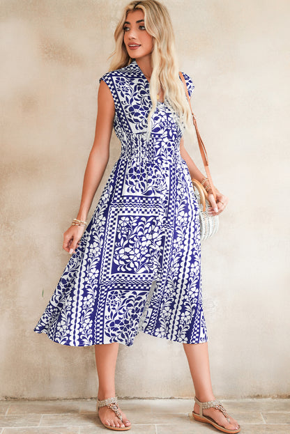 Dirty Blue Floral Print Smocked Waist Sleeveless Dress