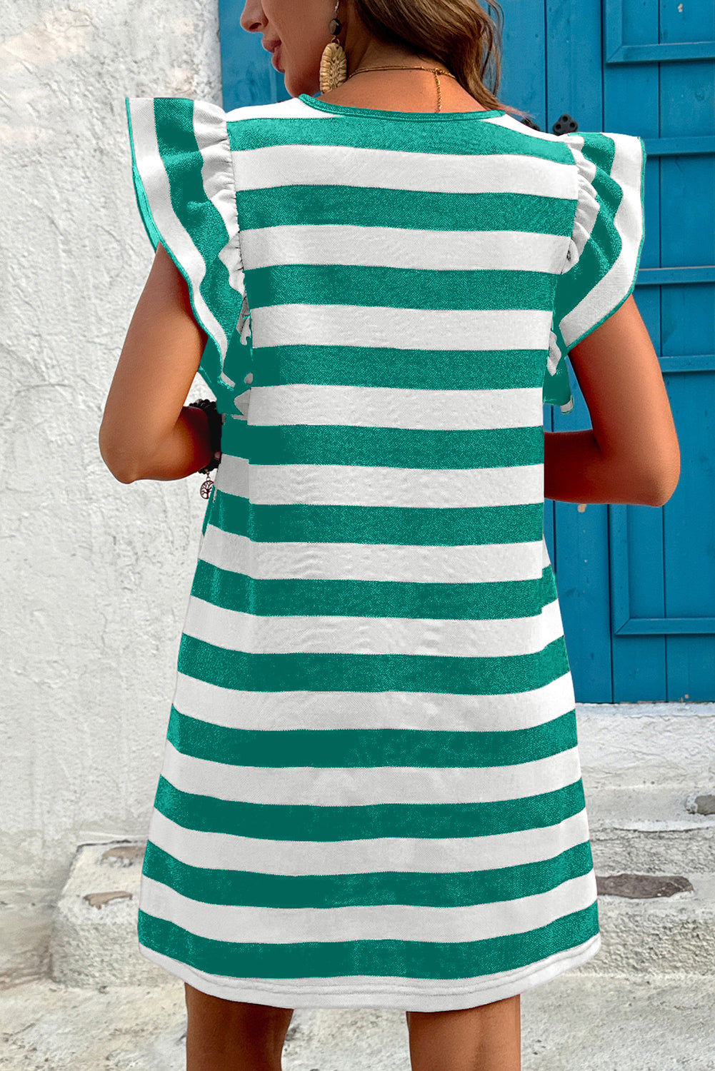 Black Stripe Flutter Sleeve Round Neck Shift Mini Dress