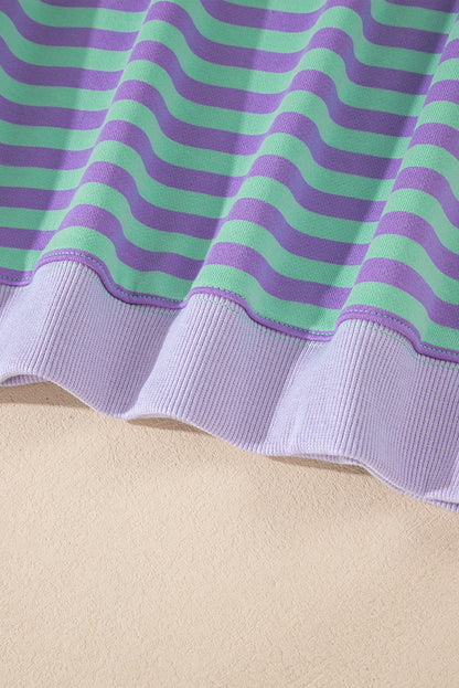 Red Stripe Contrast Ribbed Trim Crossed Stitch Drop Shoulder Sweatshirt