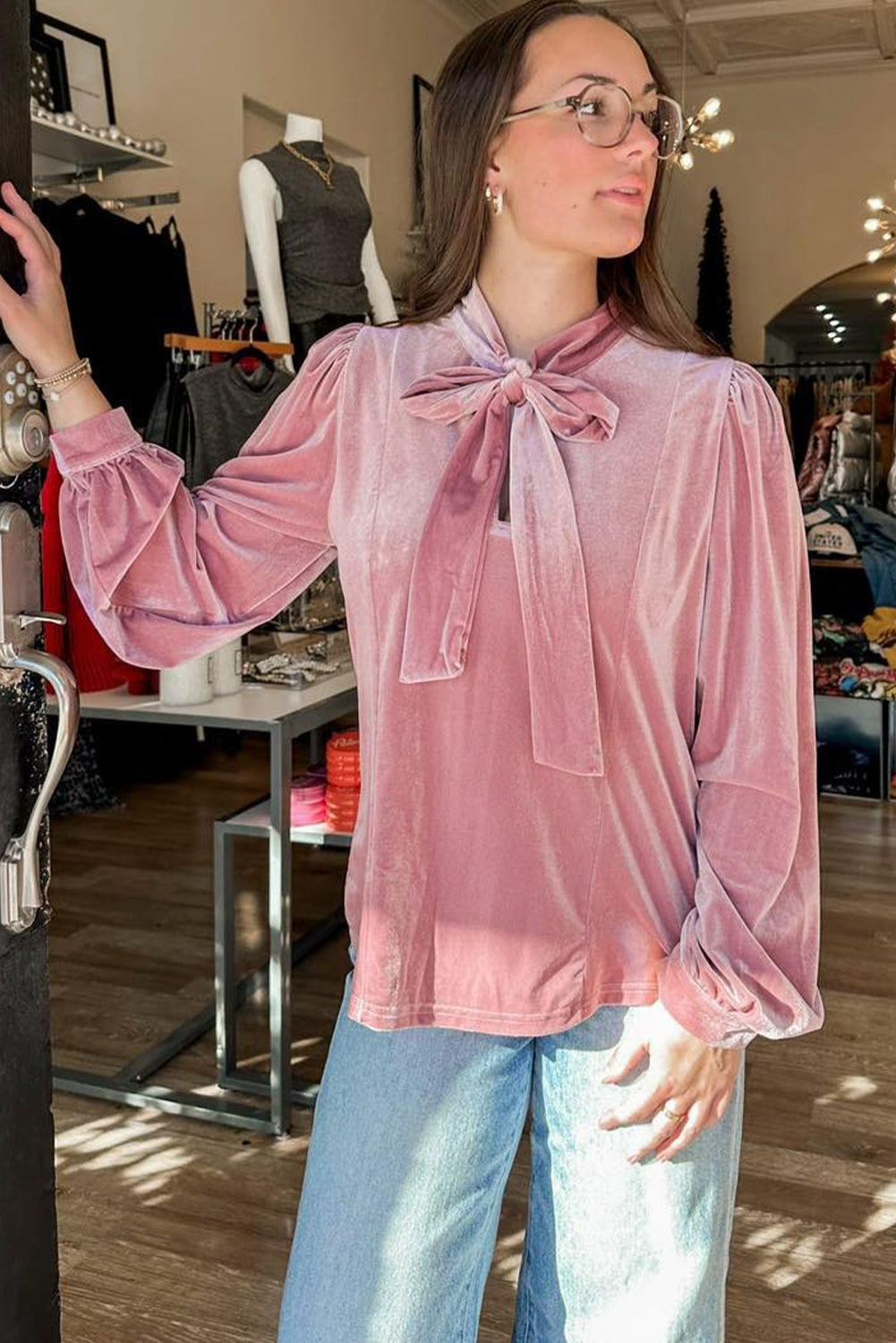 Fushia Velvet Long Sleeve Stand Neck Knot Blouse