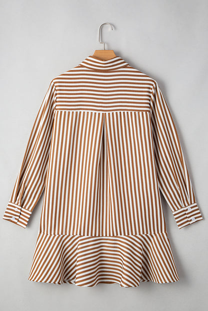 Brown Stripe Ruffle Hem Collared Long Sleeve Shirt Mini Dress