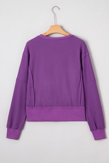 Evergreen Solid Color Raw Seam Patchwork Ribbed Drop Shoulder Sweatshirt