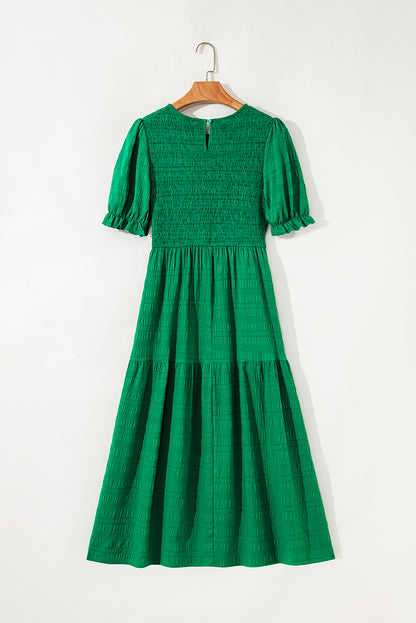 Dark Green Solid Textured Shirred High Waist Midi Dress