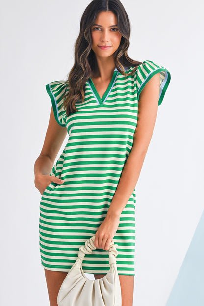 Green Striped Ruffle Short Sleeve Pop of Color Neckline Dress