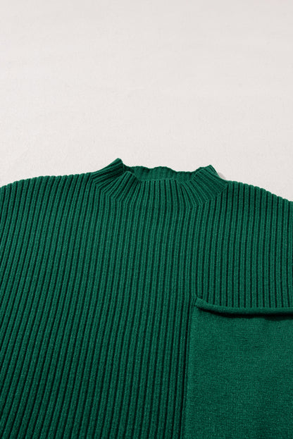 Green Patch Pocket Ribbed Knit Short Sleeve Sweater